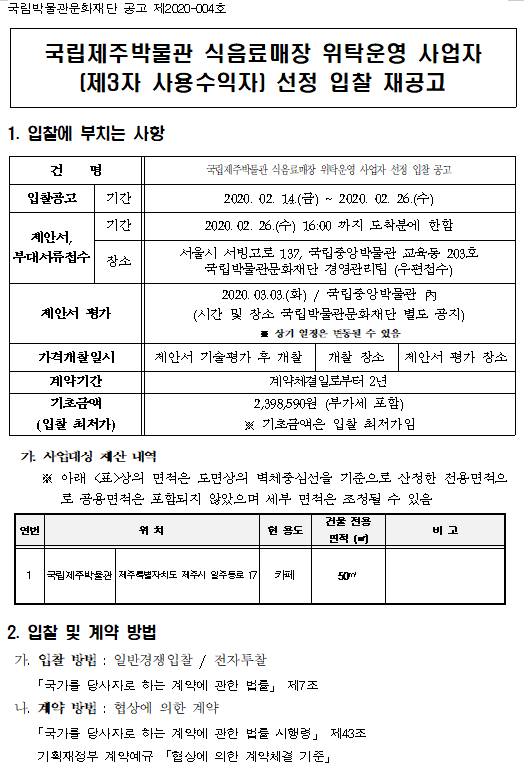국립박물관문화재단 공고 제2020-004호 
국립제주박물관 식음료매장 위탁운영 사업자
(제3자 사용수익자) 선정 입찰 재공고
1. 입찰에 부치는 사항
건명,  국립제주박물관 식음료매장 위탁운영 사업자 선정 입찰 공고 순의 표입니다. 입찰공고, 기간, 2020. 02. 14.(금) ~ 2020. 02. 26.(수). 제안서, 부대서류접수, 기간, 2020.02. 26.(수) 16:00 까지 도착분에 한함, 장소, 서울시 서빙고로 137, 국립중앙박물관 교육동 203호 국립박물관문화재단 경영관리팀 (우편접수). 제안서 평가, 2020.03.03.(화) / 국립중앙박물관 內 (시간 및 장소 국립박물관문화재단 별도 공지) ※ 상기 일정은 변동될 수 있음. 가격개찰일시, 제안서 기술평가 후 개찰, 개찰 장소, 제안서 평가. 장소.계약기간, 계약체결일로부터 2년. 기초금액 (입찰 최저가), 2,398,590원 (부가세 포함), ※ 기초금액은 입찰 최저가임.
  가. 사업대상 재산 내역
     ※ 아래 <표>
    상의 면적은 도면상의 벽체중심선을 기준으로 산정한 전용면적으로 공용면적은 포함되지 않았으며 세부 면적은 조정될 수 있음
    연번, 위치, 현용도건물, 전용면적(㎡), 비 고 순의 표입니다. 1, 국립제주박물관, 제주특별자치도 제주시 일주동로 17, 카페, 50㎡.
    2. 입찰 및 계약 방법
    가. 입찰 방법 : 일반경쟁입찰 / 전자투찰
    「국가를 당사자로 하는 계약에 관한 법률」 제7조 
    나. 계약 방법 : 협상에 의한 계약
    「국가를 당사자로 하는 계약에 관한 법률 시행령」 제43조
    기획재정부 계약예규 「협상에 의한 계약체결 기준」