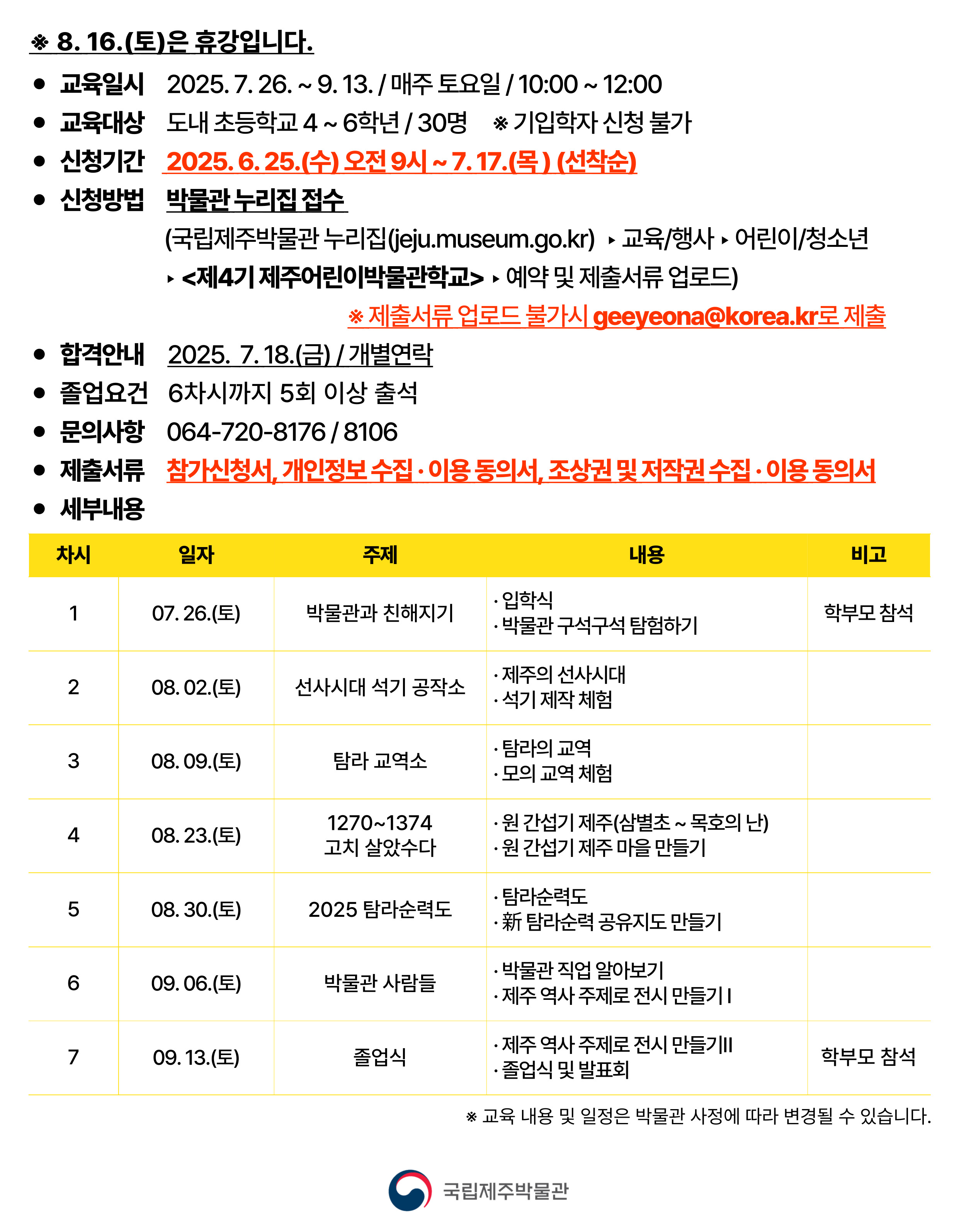 ● 8. 16.(토)은 휴강입니다.
● 교육일시 2025. 7. 26. ~ 9. 13. / 매주 토요일 / 10:00 ~ 12:00
● 교육대상 도내 초등학교 4 ~ 6학년 / 30명 ※ 기입학자 신청 불가
● 신청기간 2025. 6. 25.(수) 오전 9시 ~ 7. 17.(목) (선착순)
● 신청방법 박물관 누리집 접수
(국립제주박물관 누리집(jeju.museum.go.kr)▶교육/행사▶어린이/청소년▶제4기 제주어린이박물관학교▶예약 및 제출서류 업로드)
※ 제출서류 업로드 불가시 geeyeona@korea.kr로 제출
● 합격안내 2025. 7. 18.(금) / 개별연락
● 졸업요건 6차시까지 5회 이상 출석
● 문의사항 064-720-8176 / 8106
● 제출서류 참가신청서, 개인정보 수집·이용 동의서, 조상권 및 저작권 수집·이용 동의서
● 세부내용
차시	일자	주제	내용	비고
1	07. 26.(토)	박물관과 친해지기	· 입학식
· 박물관 구석구석 탐험하기	학부모 참석
2	08. 02.(토)	선사시대 석기 공작소	· 제주의 선사시대
· 석기 제작 체험	
3	08. 09.(토)	탐라 교역소	· 탐라의 교역
· 모의 교역 체험	
4	08. 23.(토)	1270~1374 고치 살았수다	· 원 간섭기 제주(삼별초~목호의 난)
· 원 간섭기 제주 마을 만들기	
5	08. 30.(토)	2025 탐라순력도	· 탐라순력도
· 新 탐라순력 공유지도 만들기	
6	09. 06.(토)	박물관 사람들	· 박물관 직업 알아보기
· 제주 역사 주제로 전시 만들기Ⅰ	
7	09. 13.(토)	졸업식	· 제주 역사 주제로 전시 만들기Ⅱ
· 졸업식 및 발표회	학부모 참석
※ 교육 내용 및 일정은 박물관 사정에 따라 변경될 수 있습니다.
국립제주박물관